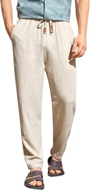 Men's Summer Beach Linen Pants Lightweight Casual Vacation Slacks Elastic Waist Drawstring Yoga Trousers with Pockets