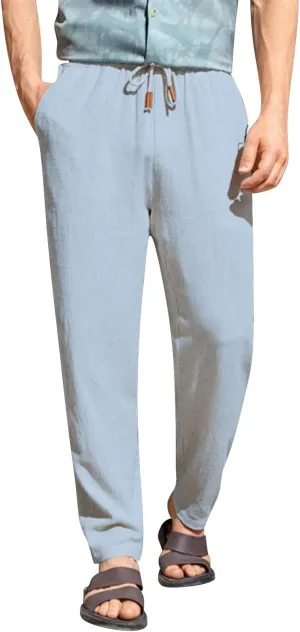 Men's Summer Beach Linen Pants Lightweight Casual Vacation Slacks Elastic Waist Drawstring Yoga Trousers with Pockets