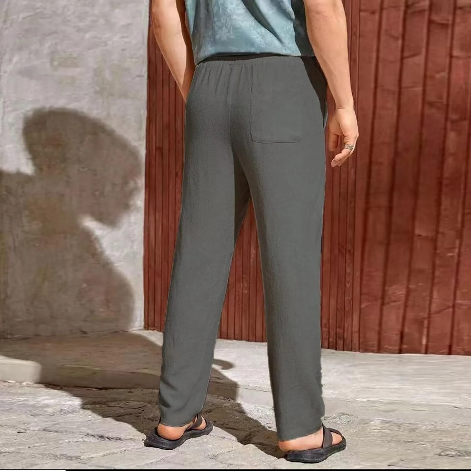 Men's Summer Beach Linen Pants Lightweight Casual Vacation Slacks Elastic Waist Drawstring Yoga Trousers with Pockets