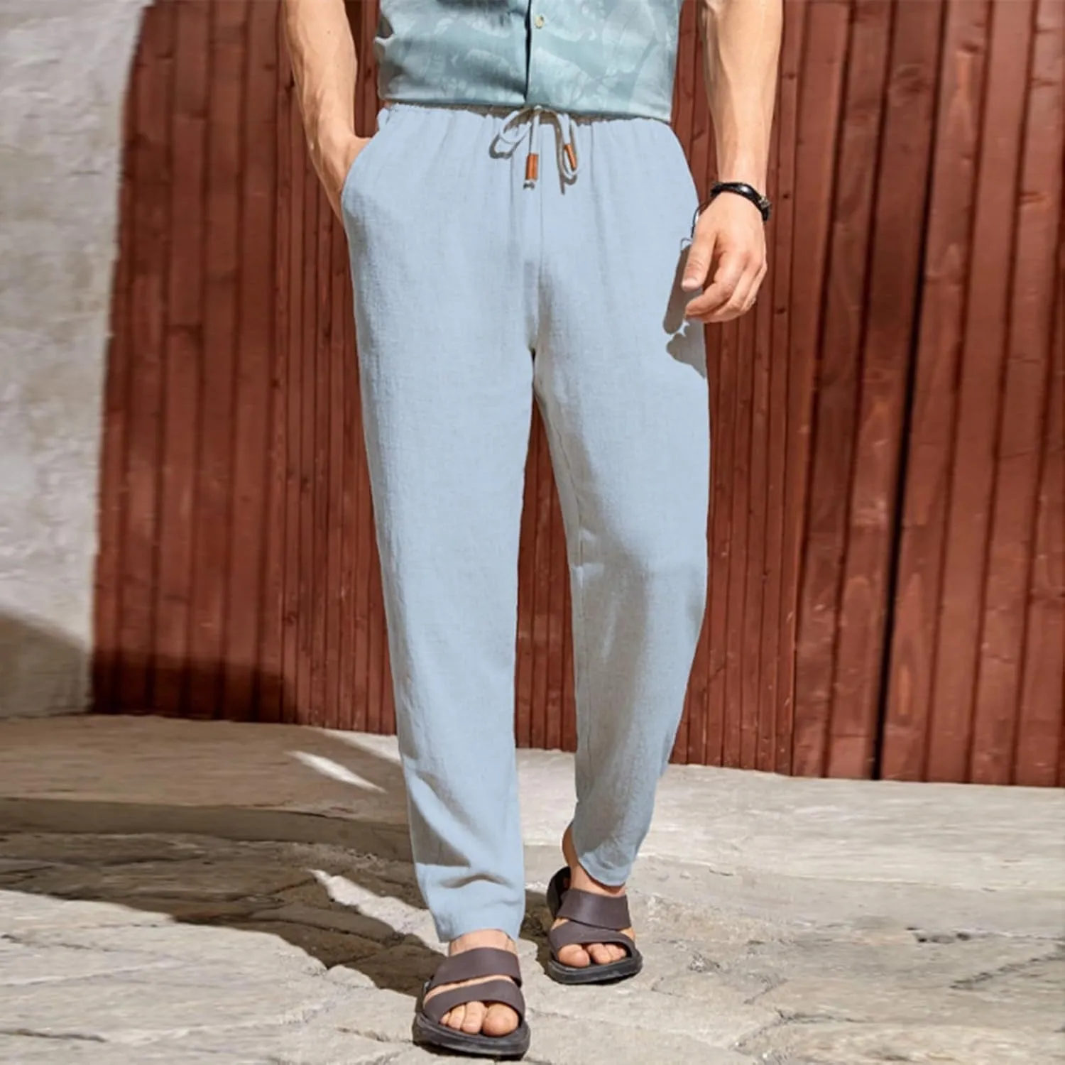 Men's Summer Beach Linen Pants Lightweight Casual Vacation Slacks Elastic Waist Drawstring Yoga Trousers with Pockets