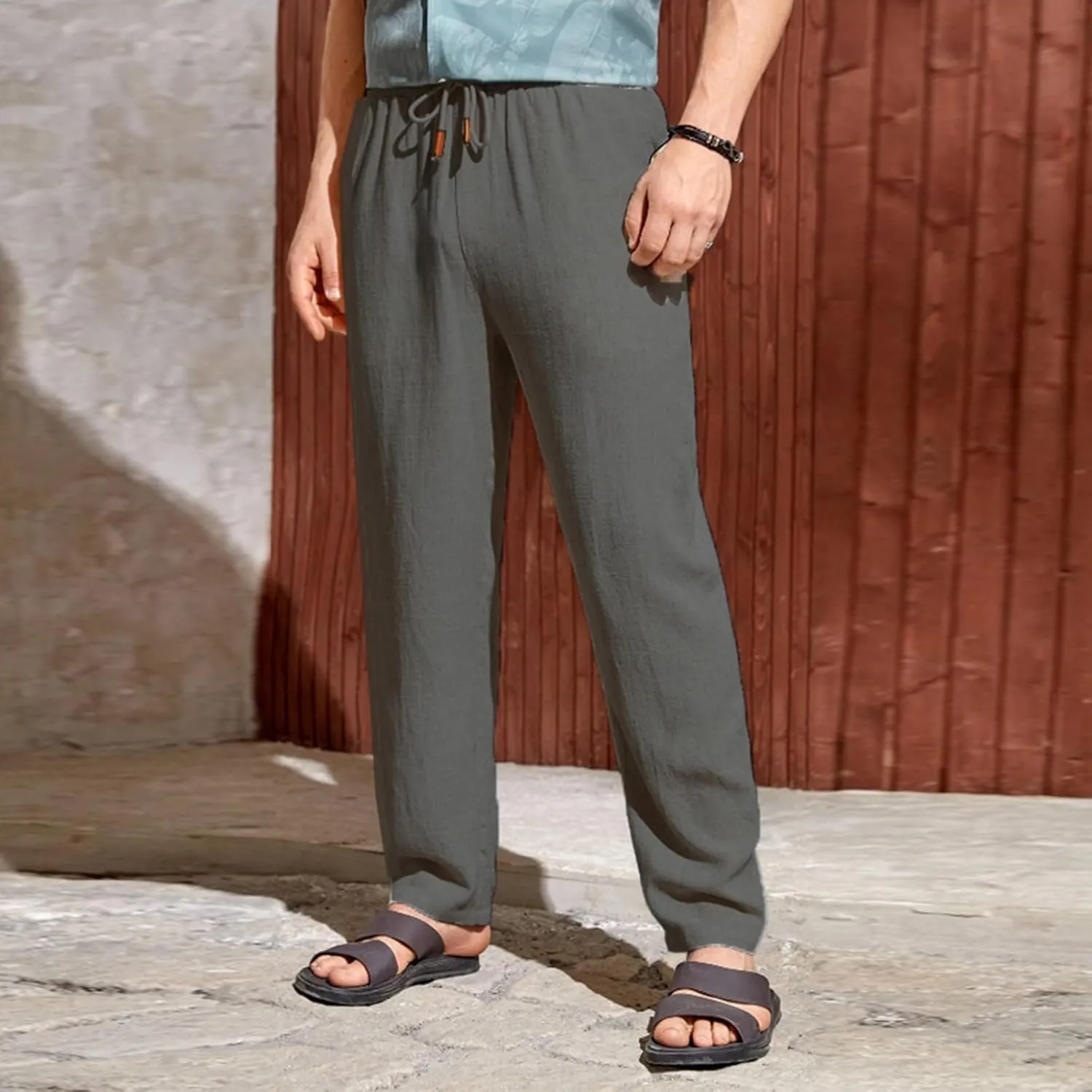 Men's Summer Beach Linen Pants Lightweight Casual Vacation Slacks Elastic Waist Drawstring Yoga Trousers with Pockets