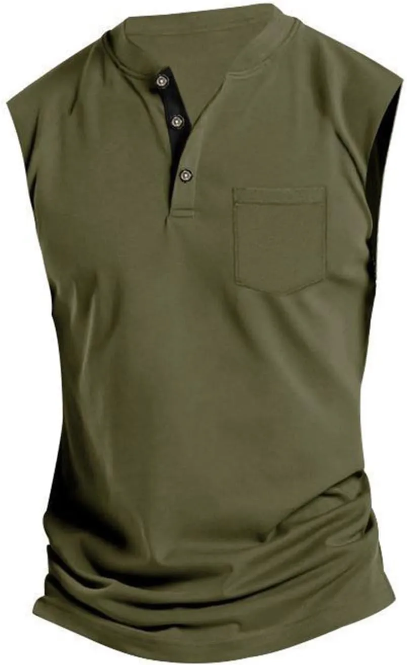 Mens Tank Tops Summer Fashion 3 Buttons Color Block Sleeveless Shirts Regular Fit Workout Gym Athletic T-Shirts
