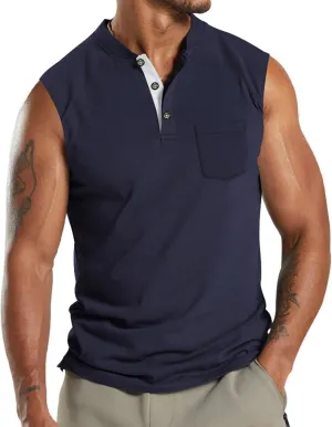 Mens Tank Tops Summer Fashion 3 Buttons Color Block Sleeveless Shirts Regular Fit Workout Gym Athletic T-Shirts