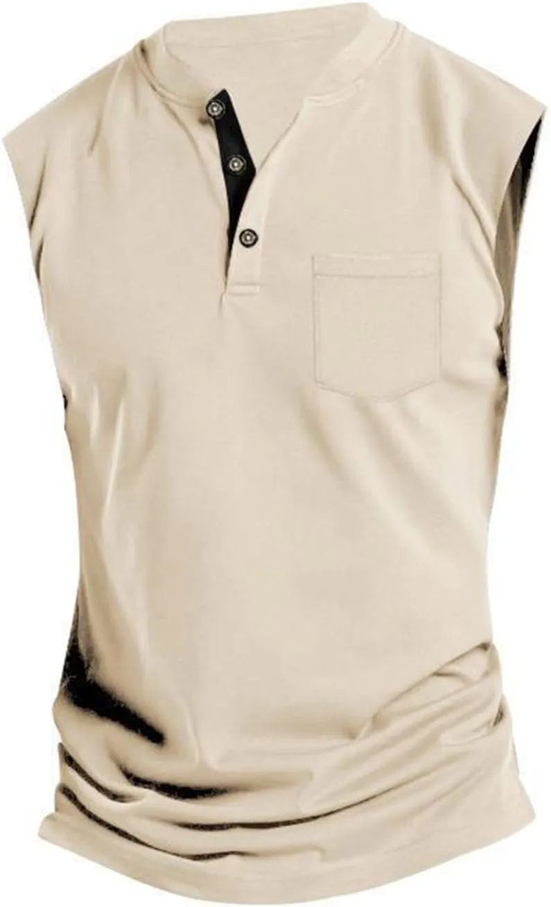 Mens Tank Tops Summer Fashion 3 Buttons Color Block Sleeveless Shirts Regular Fit Workout Gym Athletic T-Shirts