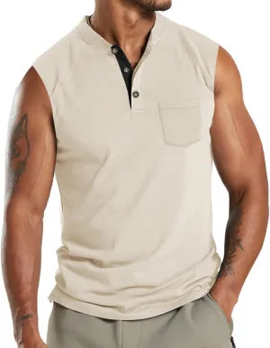 Mens Tank Tops Summer Fashion 3 Buttons Color Block Sleeveless Shirts Regular Fit Workout Gym Athletic T-Shirts