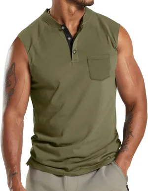 Mens Tank Tops Summer Fashion 3 Buttons Color Block Sleeveless Shirts Regular Fit Workout Gym Athletic T-Shirts