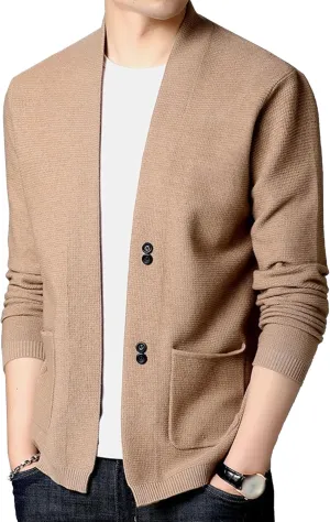 Men's V Neck Rib Knit Open Sweater Lightweight Button Down Knitted Cardigan Solid Slim Fit Knitwear Outerwear