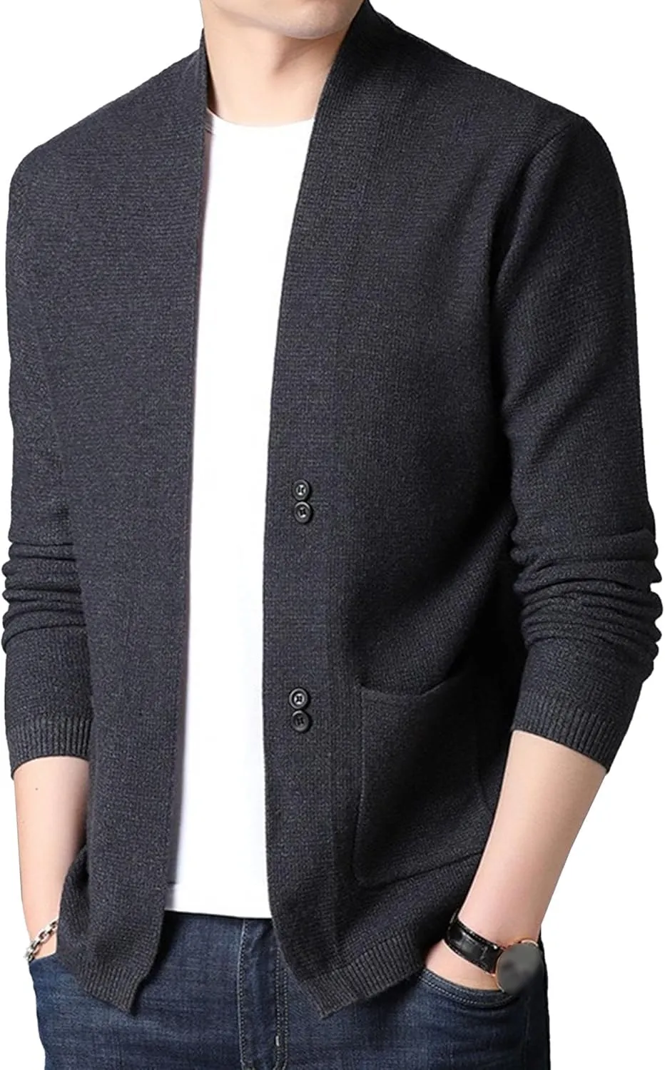 Men's V Neck Rib Knit Open Sweater Lightweight Button Down Knitted Cardigan Solid Slim Fit Knitwear Outerwear