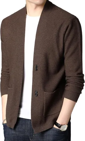 Men's V Neck Rib Knit Open Sweater Lightweight Button Down Knitted Cardigan Solid Slim Fit Knitwear Outerwear
