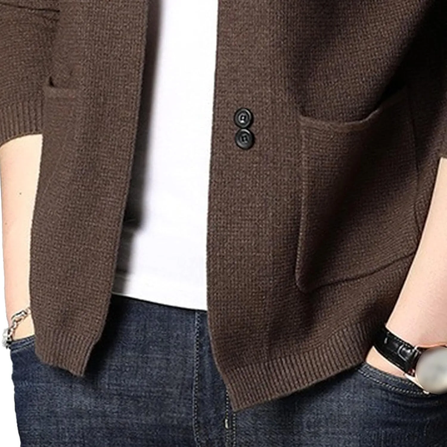 Men's V Neck Rib Knit Open Sweater Lightweight Button Down Knitted Cardigan Solid Slim Fit Knitwear Outerwear