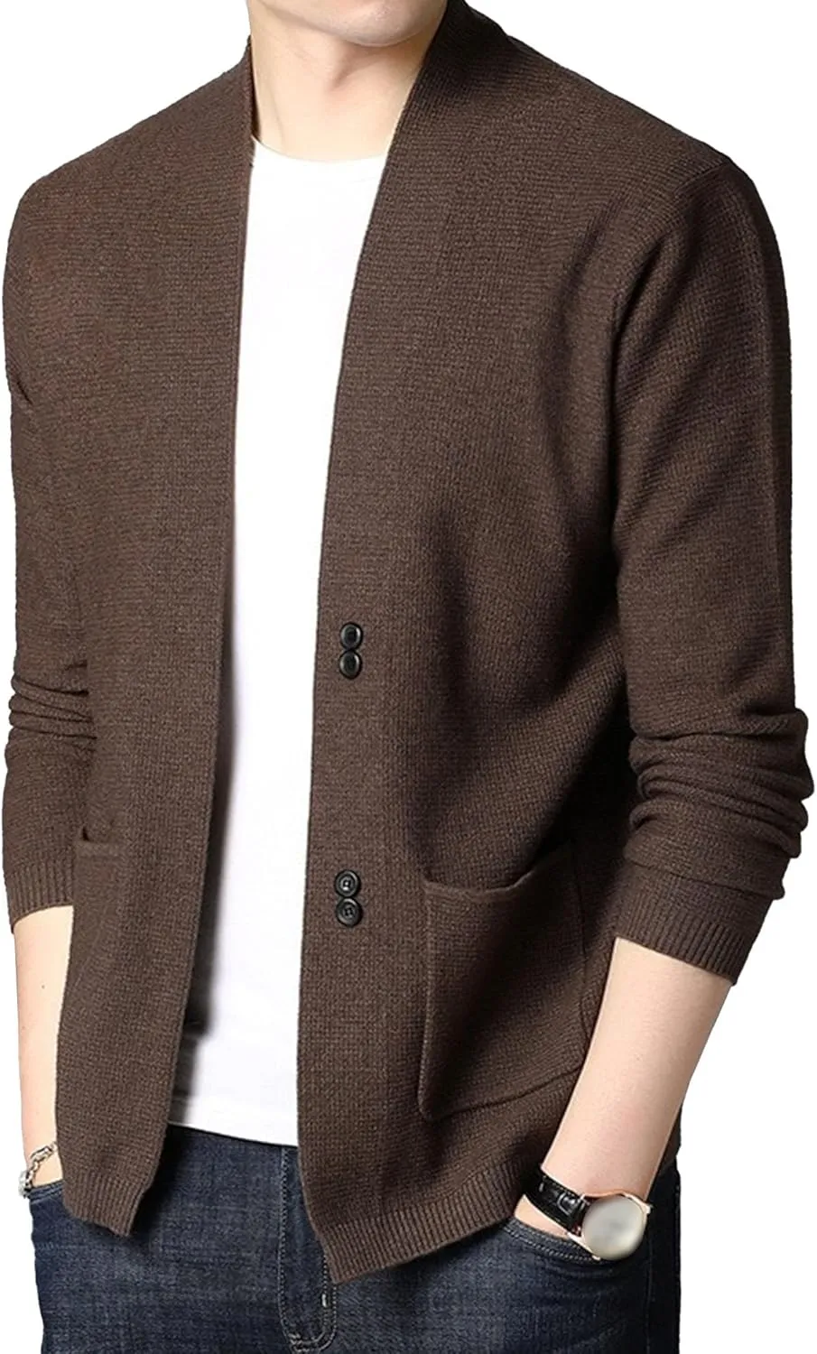 Men's V Neck Rib Knit Open Sweater Lightweight Button Down Knitted Cardigan Solid Slim Fit Knitwear Outerwear