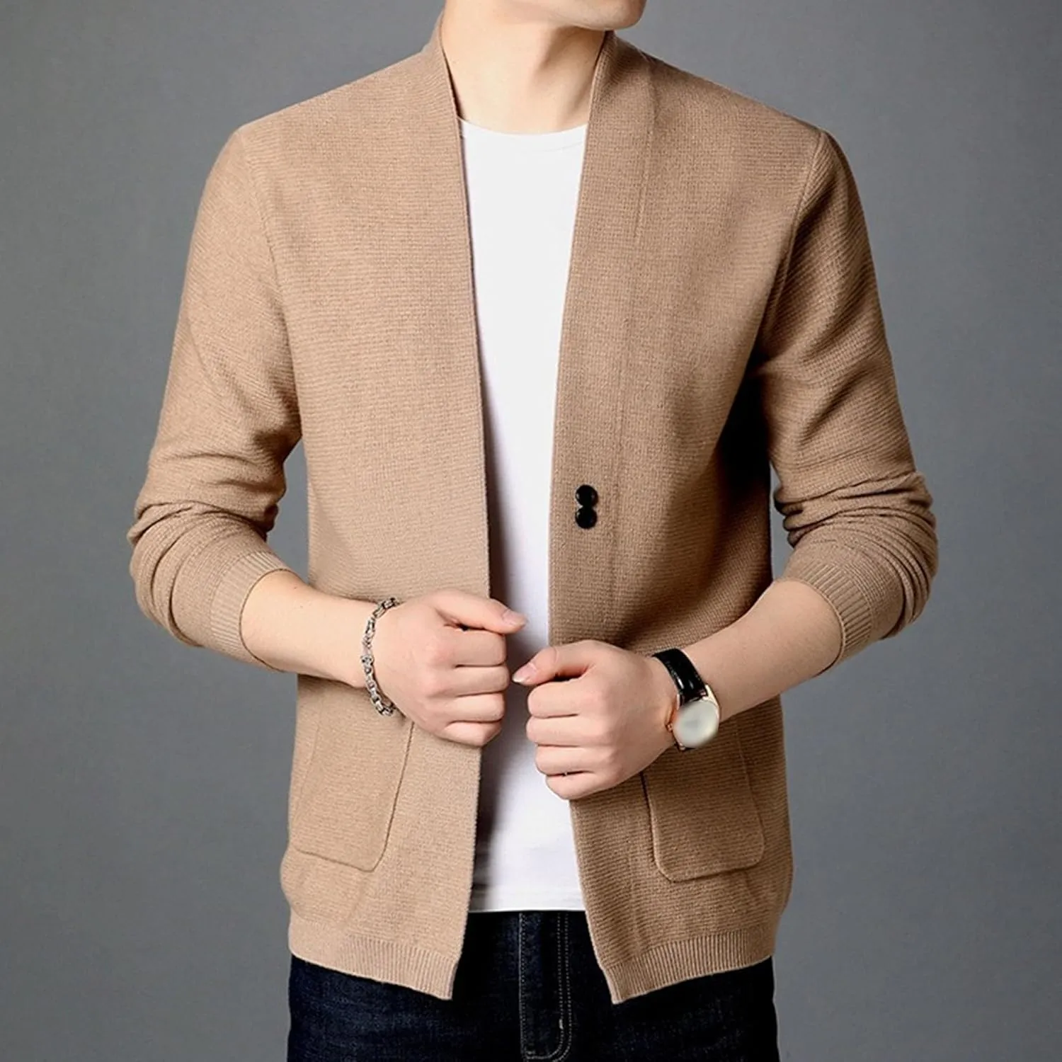 Men's V Neck Rib Knit Open Sweater Lightweight Button Down Knitted Cardigan Solid Slim Fit Knitwear Outerwear