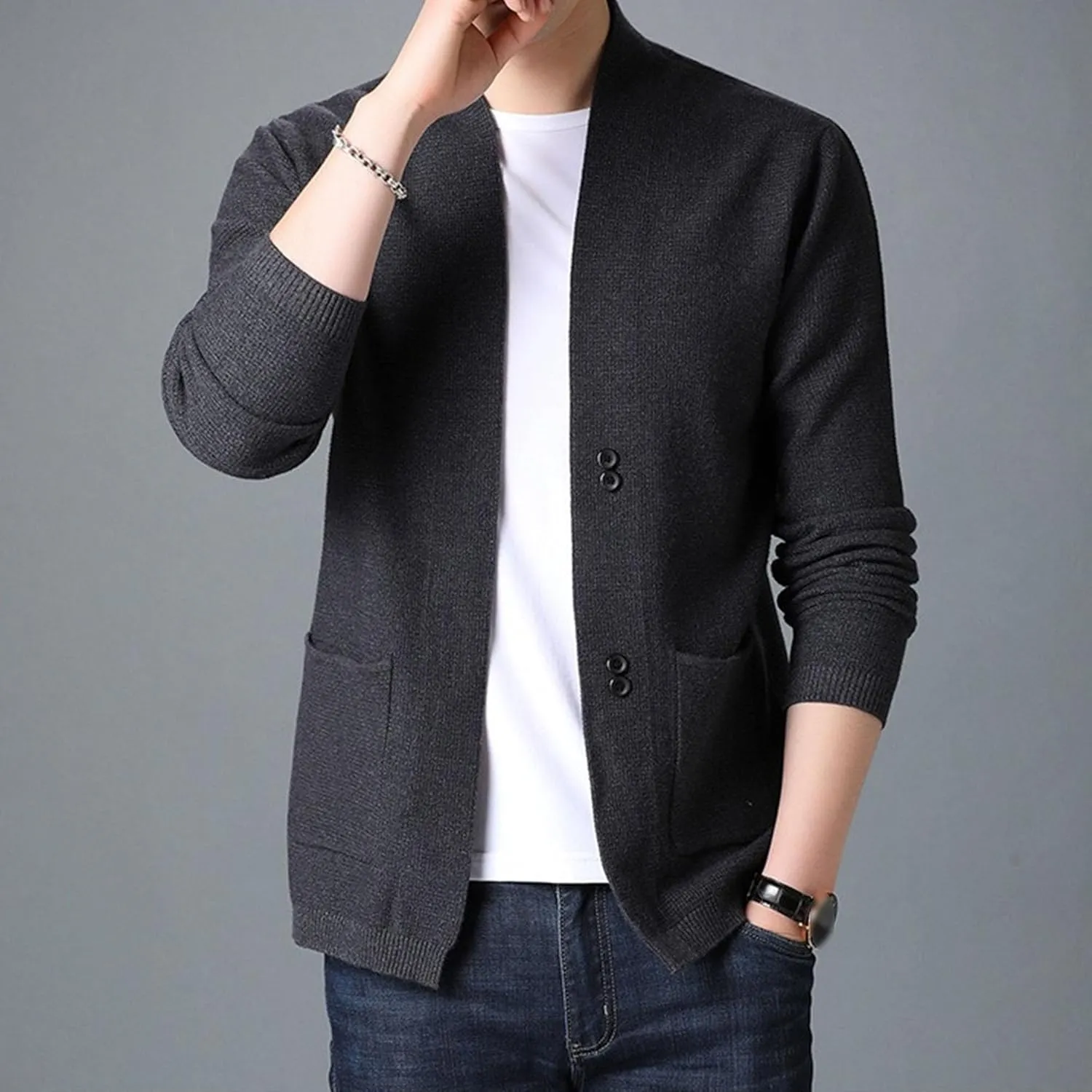 Men's V Neck Rib Knit Open Sweater Lightweight Button Down Knitted Cardigan Solid Slim Fit Knitwear Outerwear