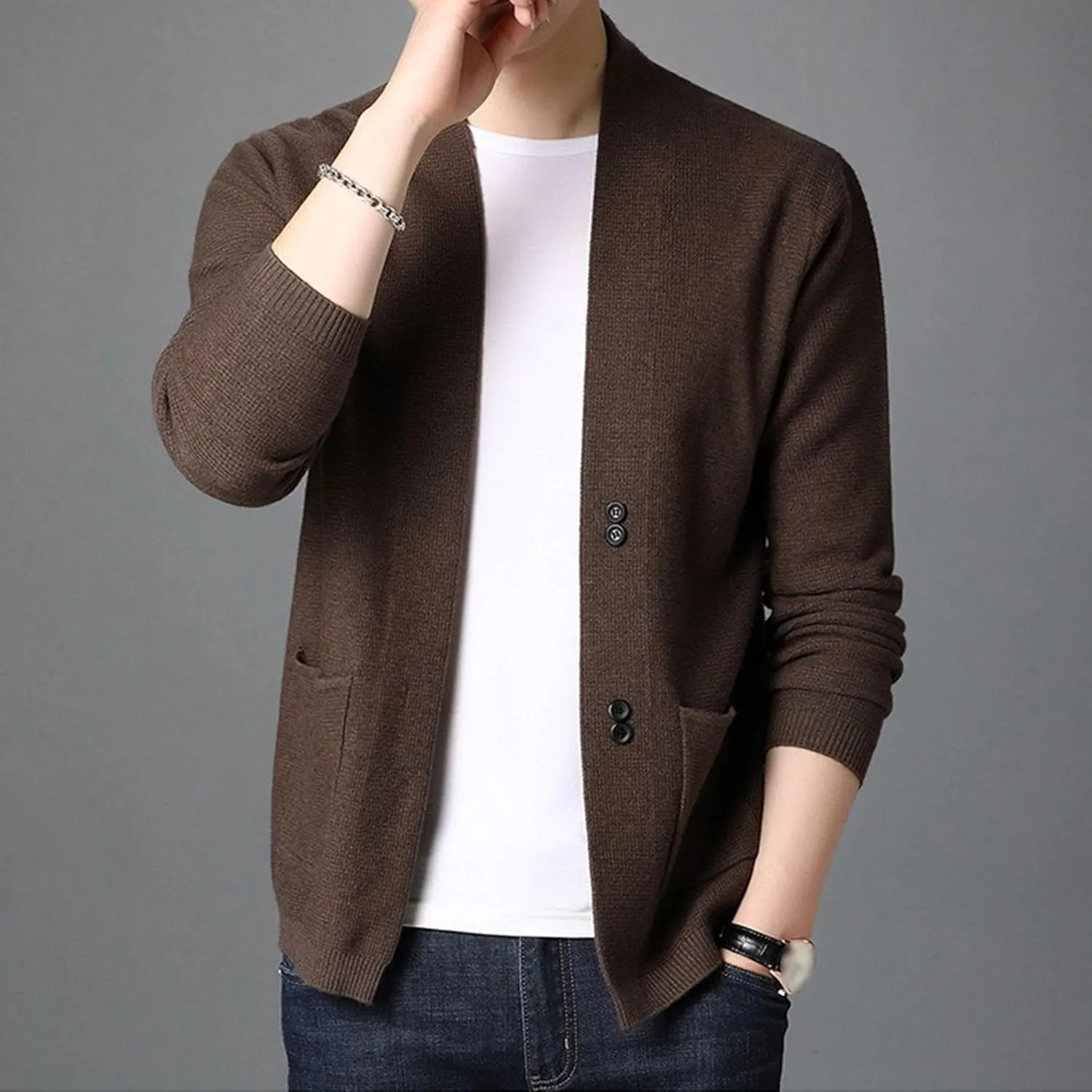 Men's V Neck Rib Knit Open Sweater Lightweight Button Down Knitted Cardigan Solid Slim Fit Knitwear Outerwear