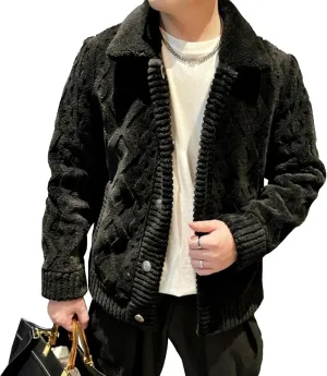 Men's Vintage Lapel Neck Cardigan Loose Fit Cable Knitted Jacket Button Down Knitwear with Pocket
