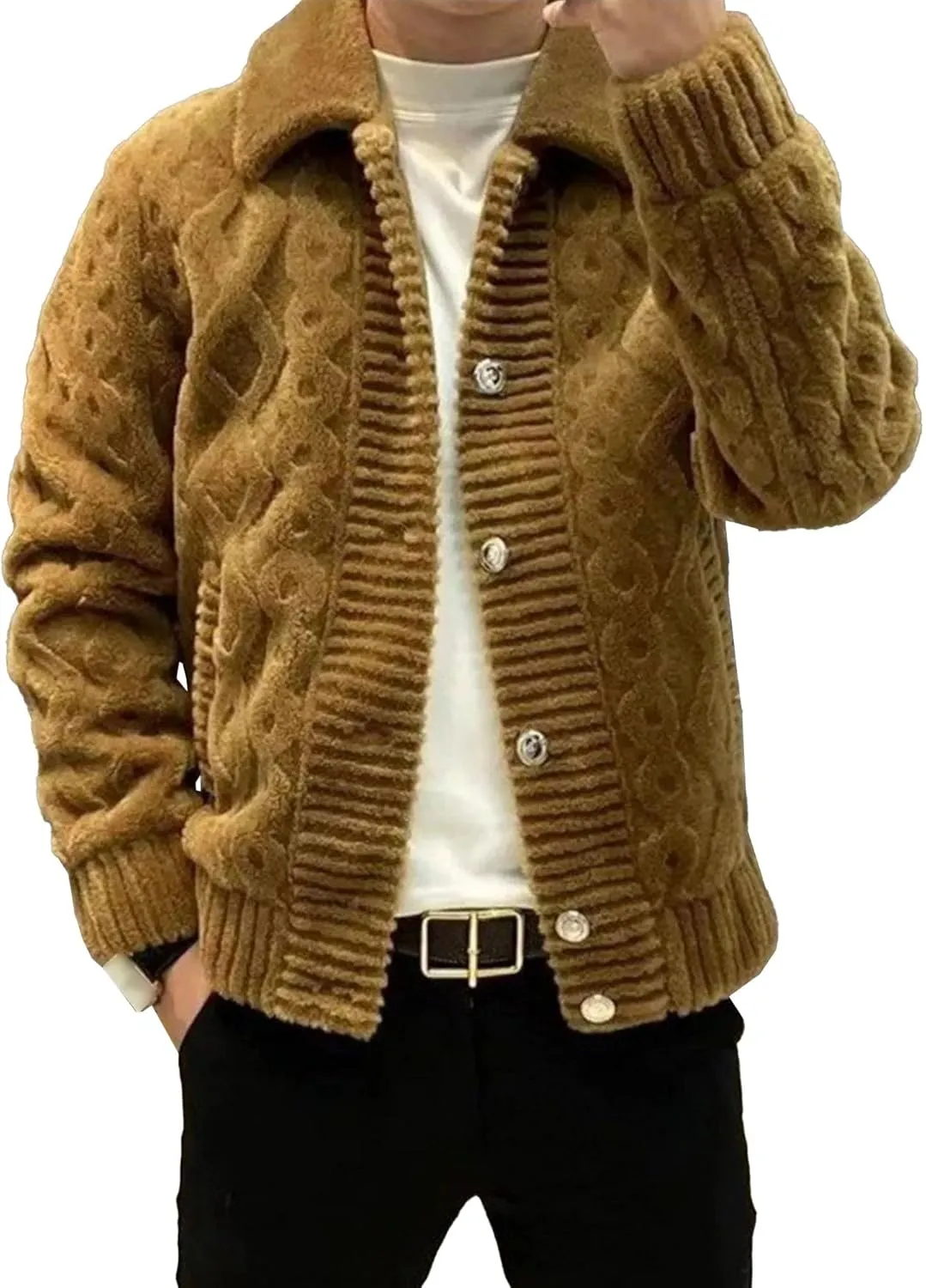 Men's Vintage Lapel Neck Cardigan Loose Fit Cable Knitted Jacket Button Down Knitwear with Pocket