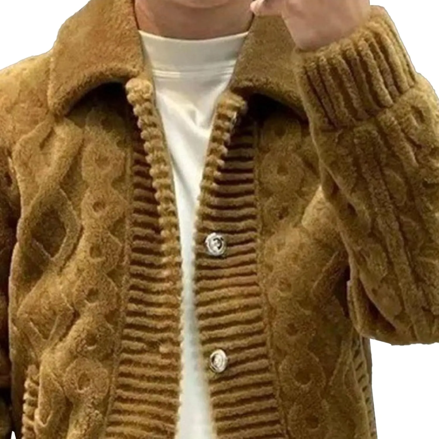 Men's Vintage Lapel Neck Cardigan Loose Fit Cable Knitted Jacket Button Down Knitwear with Pocket