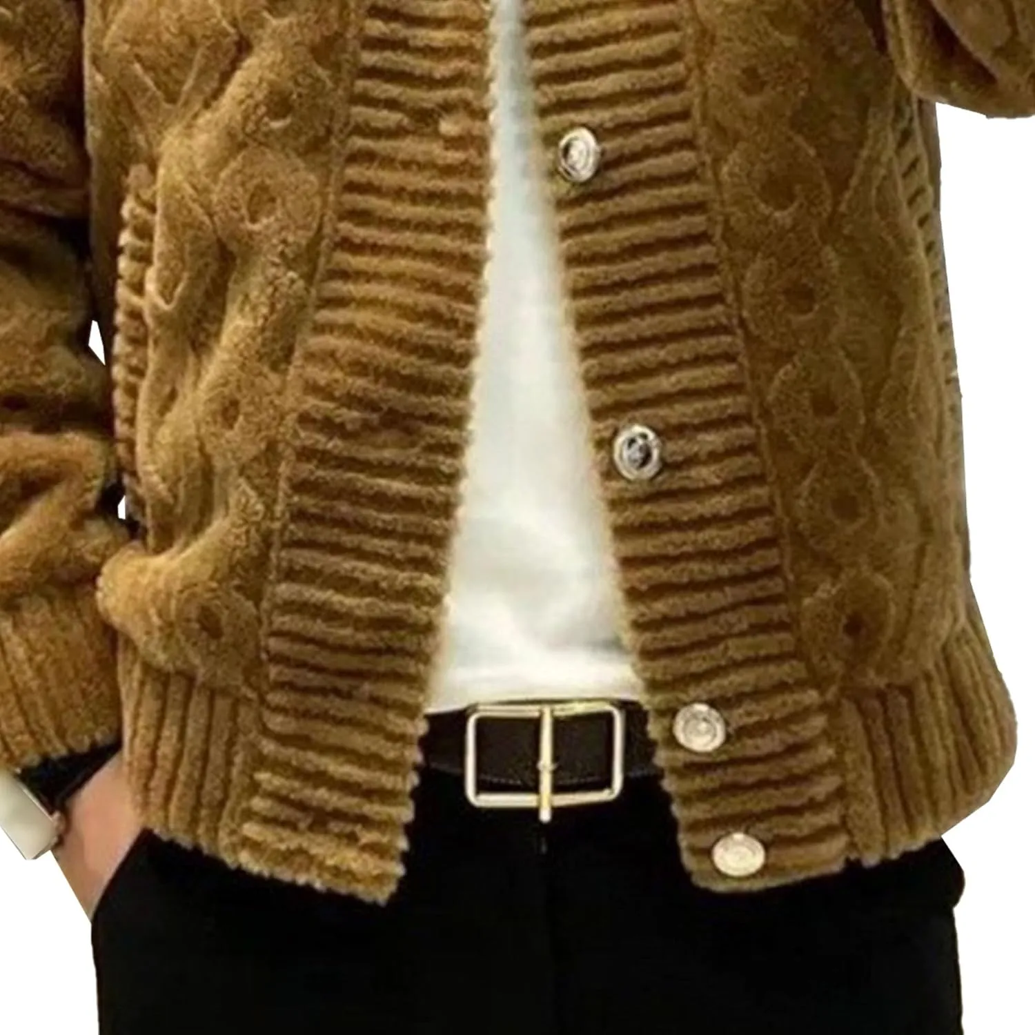 Men's Vintage Lapel Neck Cardigan Loose Fit Cable Knitted Jacket Button Down Knitwear with Pocket