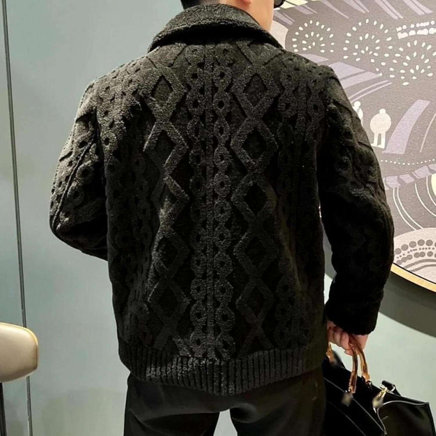 Men's Vintage Lapel Neck Cardigan Loose Fit Cable Knitted Jacket Button Down Knitwear with Pocket