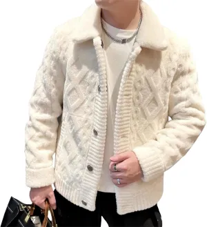 Men's Vintage Lapel Neck Cardigan Loose Fit Cable Knitted Jacket Button Down Knitwear with Pocket