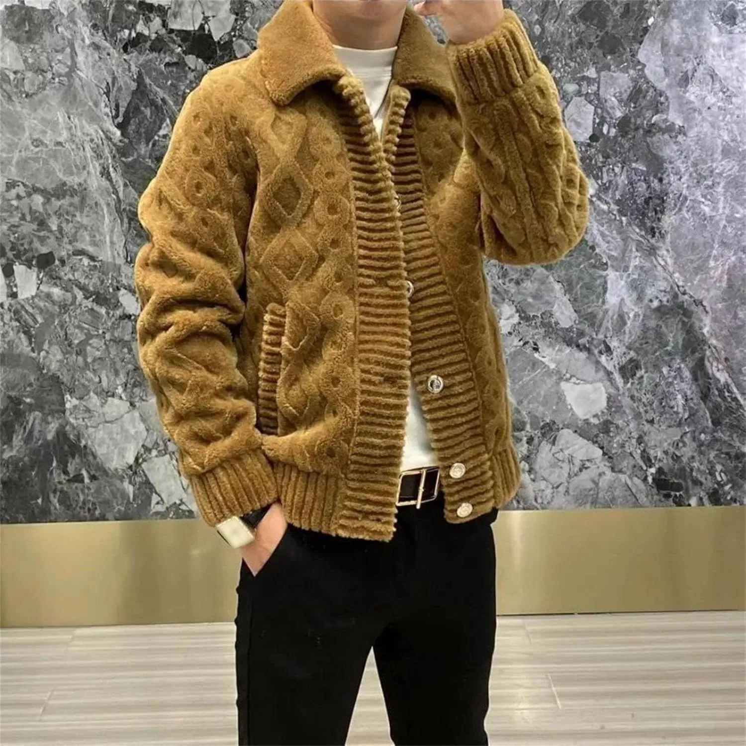 Men's Vintage Lapel Neck Cardigan Loose Fit Cable Knitted Jacket Button Down Knitwear with Pocket