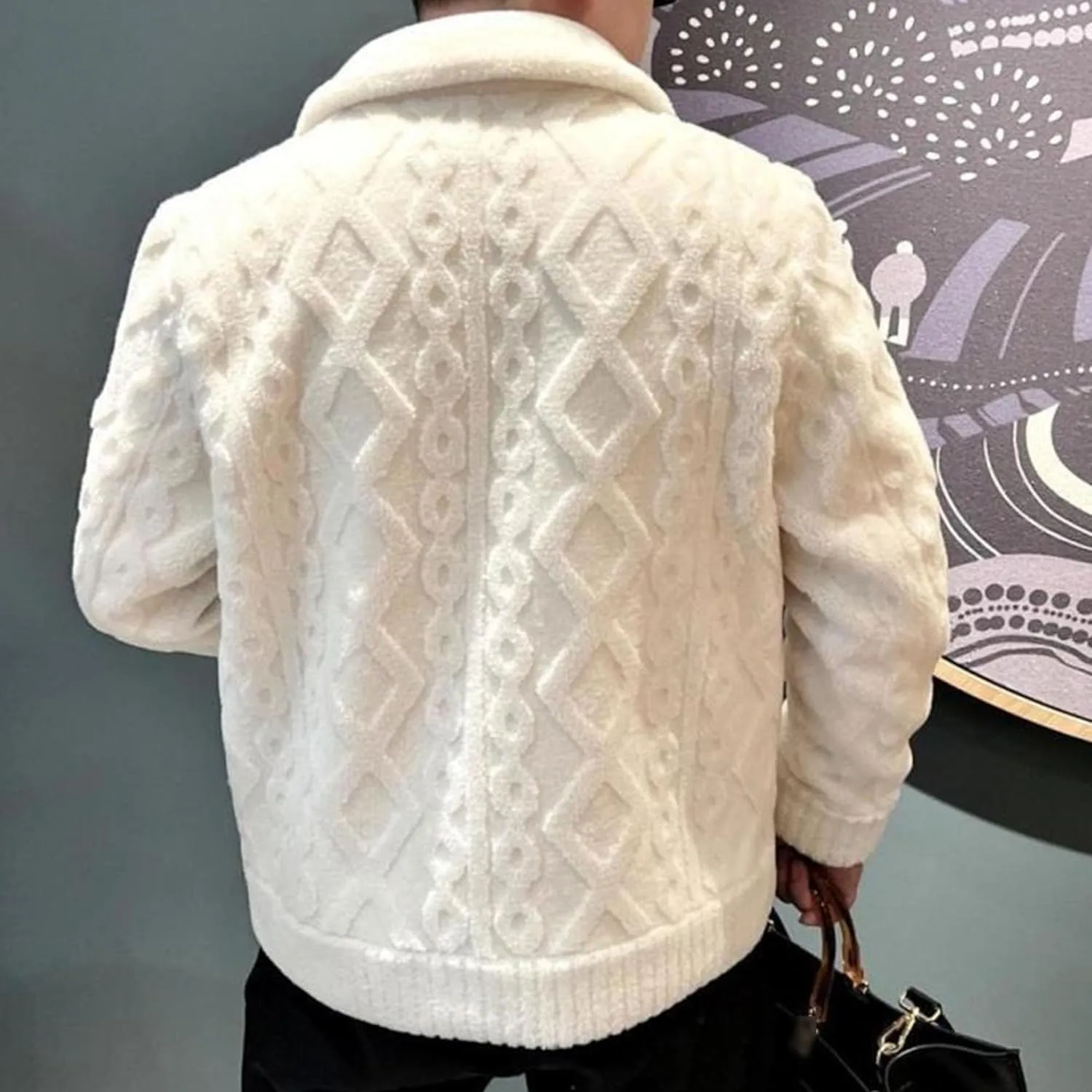 Men's Vintage Lapel Neck Cardigan Loose Fit Cable Knitted Jacket Button Down Knitwear with Pocket