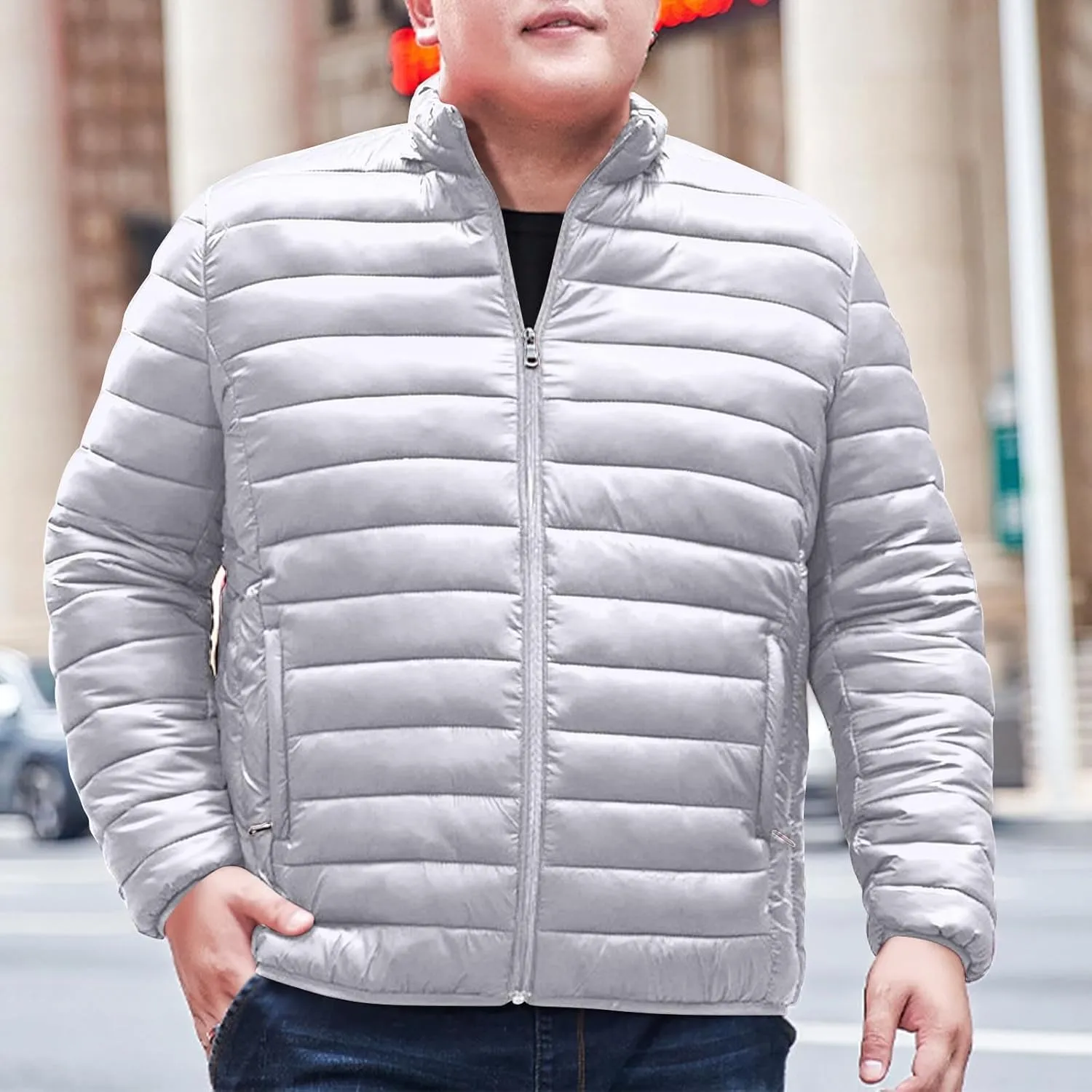 Mens Winter Puffer Jacket Full Zip Quilted Warm Packable Down Coats Lightweight Plus Size Puffy Stand Collar Jackets