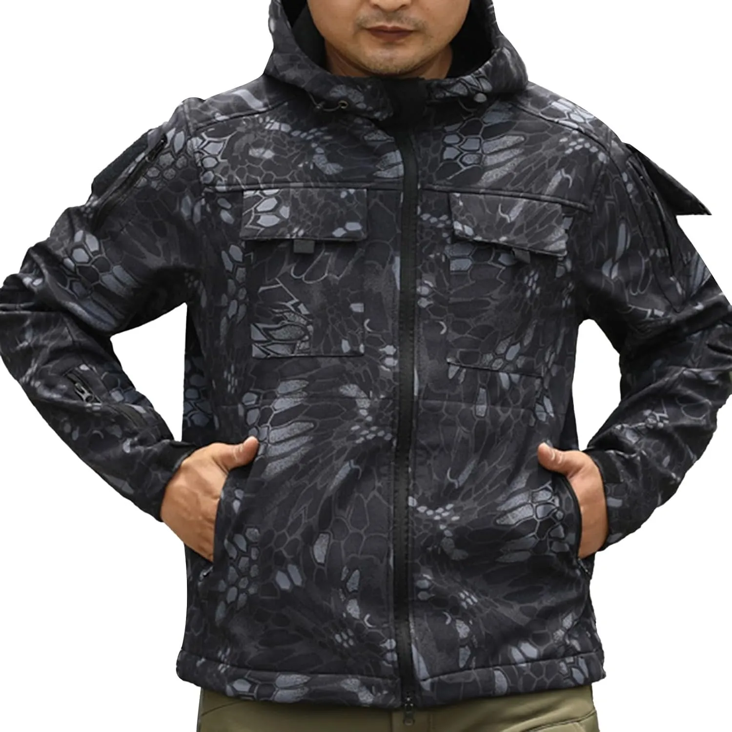 Mens Winter Warm Waterproof Jacket Camo Softshell Multiple Pockets Military Jackets Hiking Hunting Fishing Cargo Coat