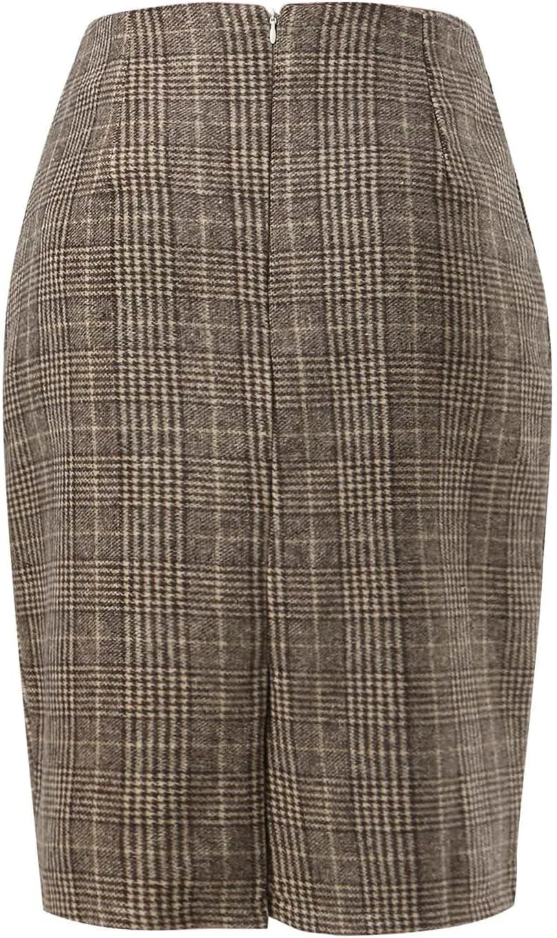 Midi Plaid Skirts for Women High Waisted Knee Length Wool Skirt 2024 Trendy Slim Fit Fall Winter Bodycon Wrap Skirt