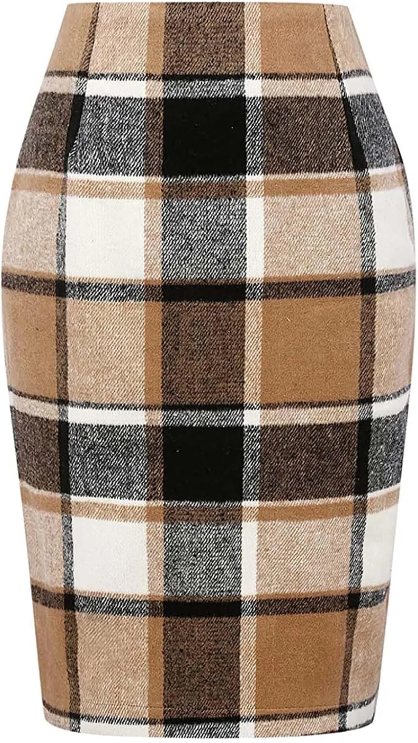 Midi Plaid Skirts for Women High Waisted Knee Length Wool Skirt 2024 Trendy Slim Fit Fall Winter Bodycon Wrap Skirt