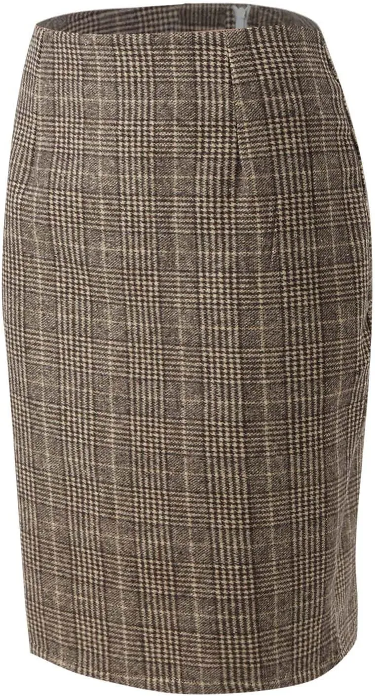 Midi Plaid Skirts for Women High Waisted Knee Length Wool Skirt 2024 Trendy Slim Fit Fall Winter Bodycon Wrap Skirt