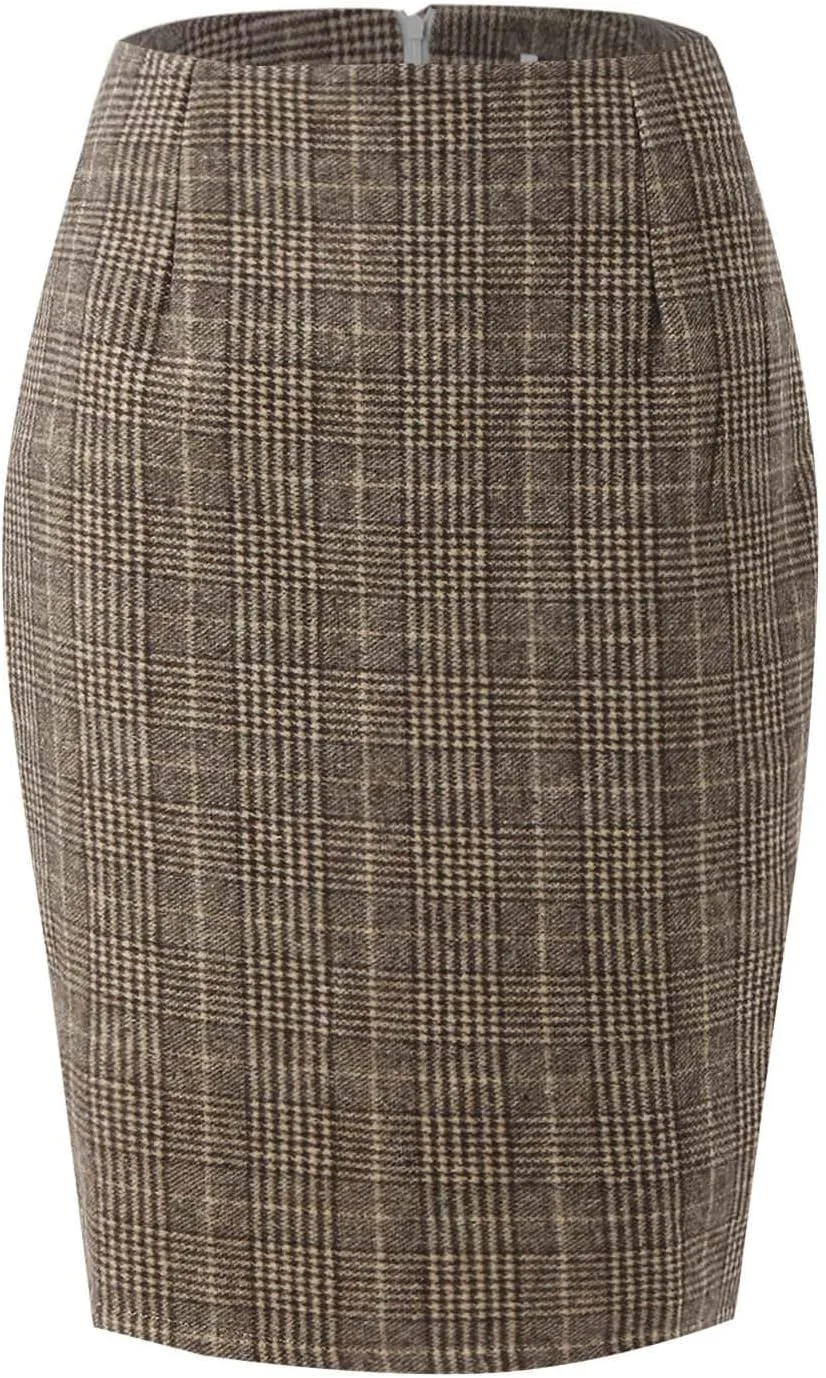 Midi Plaid Skirts for Women High Waisted Knee Length Wool Skirt 2024 Trendy Slim Fit Fall Winter Bodycon Wrap Skirt