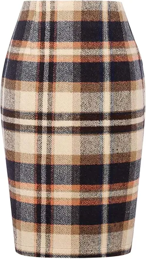 Midi Plaid Skirts for Women High Waisted Knee Length Wool Skirt 2024 Trendy Slim Fit Fall Winter Bodycon Wrap Skirt