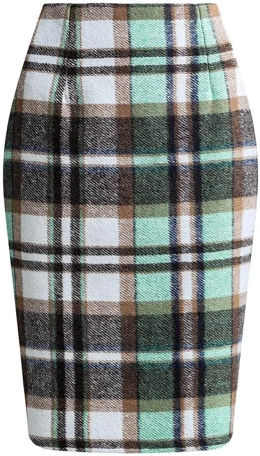 Midi Plaid Skirts for Women High Waisted Knee Length Wool Skirt 2024 Trendy Slim Fit Fall Winter Bodycon Wrap Skirt