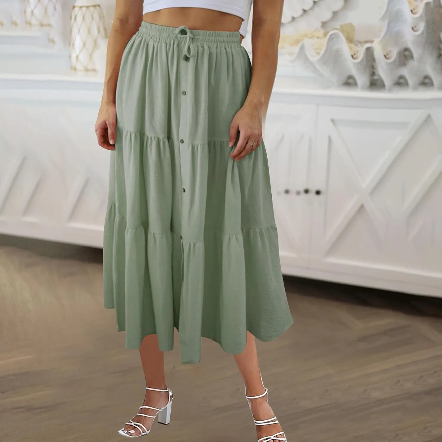 Midi Skirts for Women Button Front Casual Summer Skirts Drawstring High Waisted A Line Tiered Boho Flowy Beach Skirts
