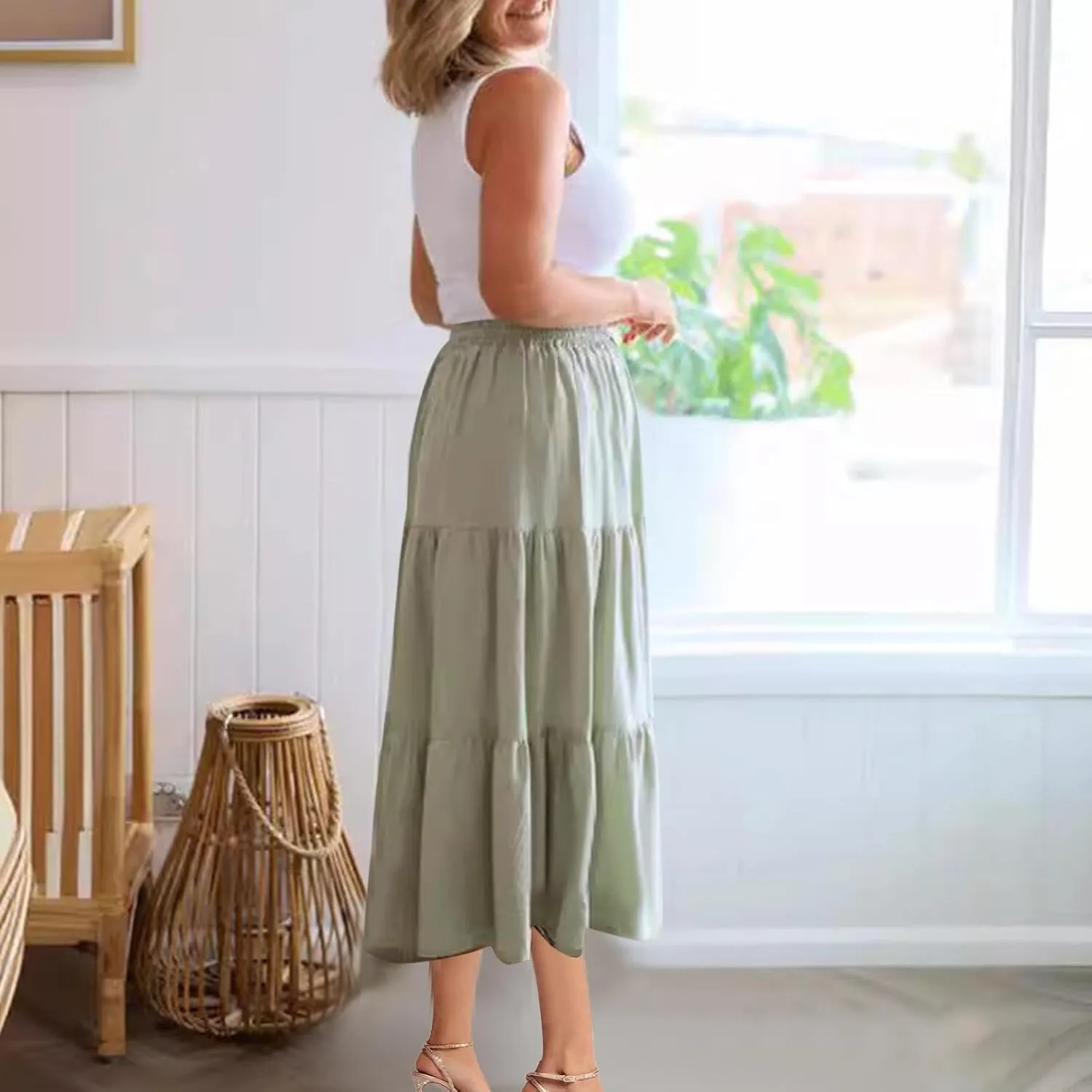 Midi Skirts for Women Button Front Casual Summer Skirts Drawstring High Waisted A Line Tiered Boho Flowy Beach Skirts