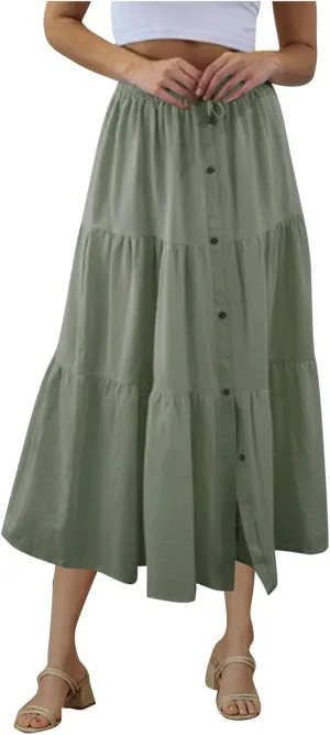Midi Skirts for Women Button Front Casual Summer Skirts Drawstring High Waisted A Line Tiered Boho Flowy Beach Skirts