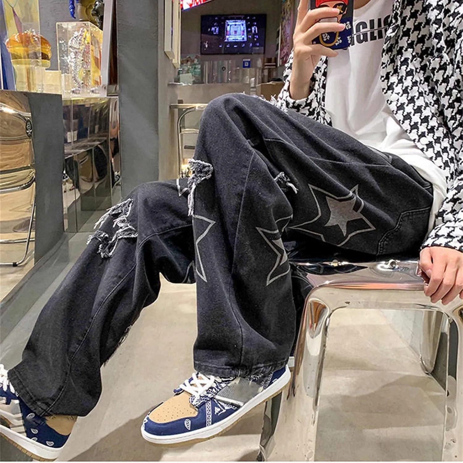 MIDOO Mens Jeans Slim Fit Wide Leg Casual Straight Leg Jeans Trend Fashion Denim Pants Low Rise Skinny Jean Trousers