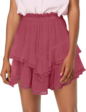 Mini Skirts for Women Summer Casual Boho Flowy High Waist Skirt Fashion Layered Ruffle Hem Beach Mini Short