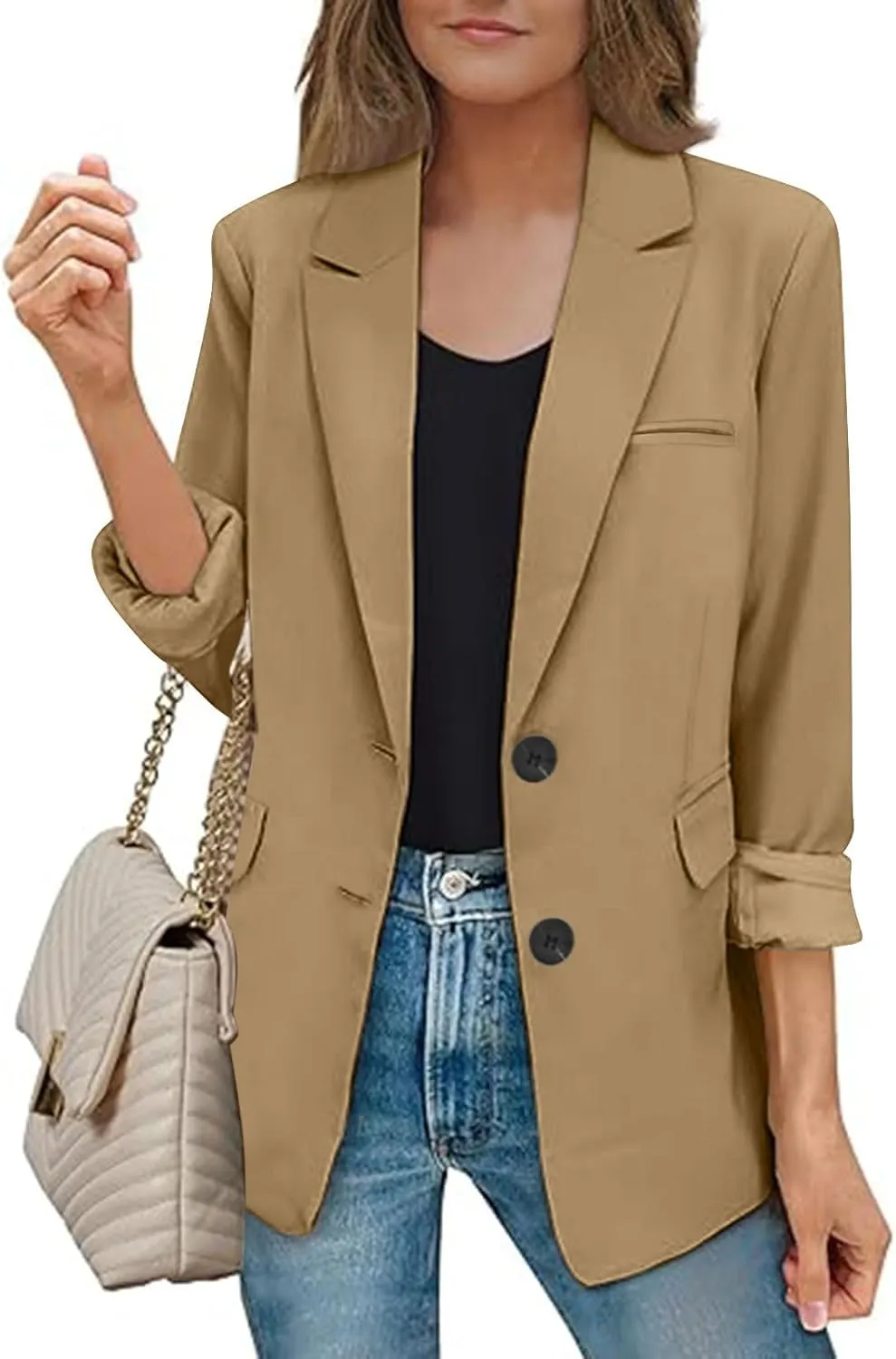 Notched Lapel Long Sleeve Blazers Women Button Up Open Front Office Work Suit Jackets Casual Loose Fit Fall Outwear