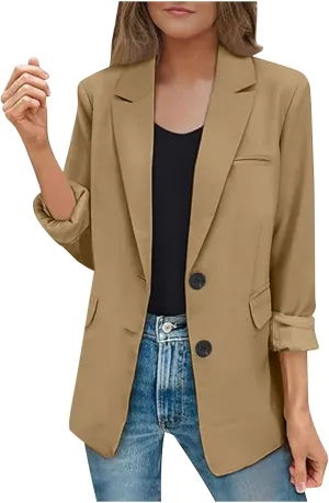 Notched Lapel Long Sleeve Blazers Women Button Up Open Front Office Work Suit Jackets Casual Loose Fit Fall Outwear