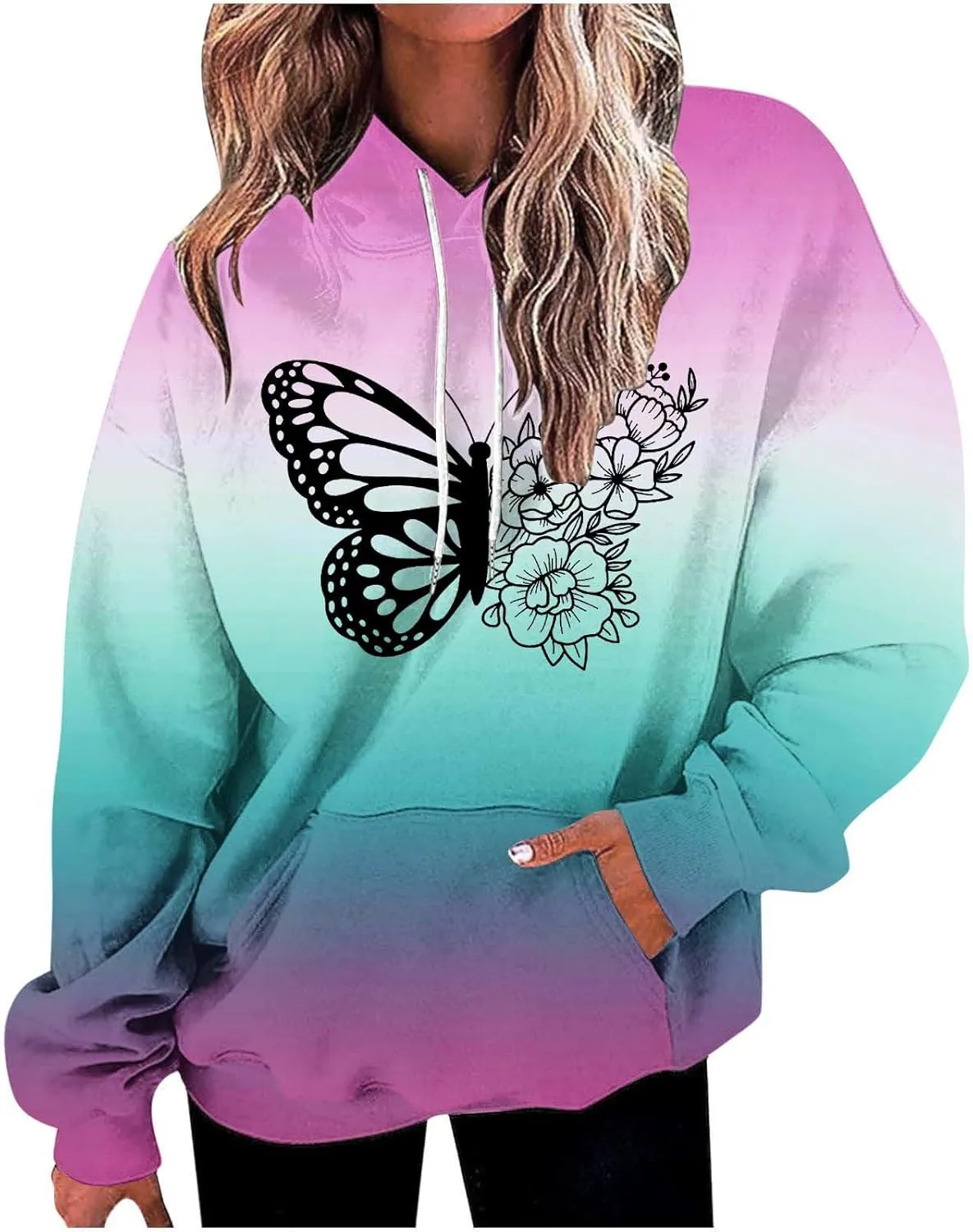 Oversized Hoodies for Women Trendy Butterfly Floral Hooded Sweatshirts Baggy Tie Dye Hippie Fall Y2K Outwear Tops