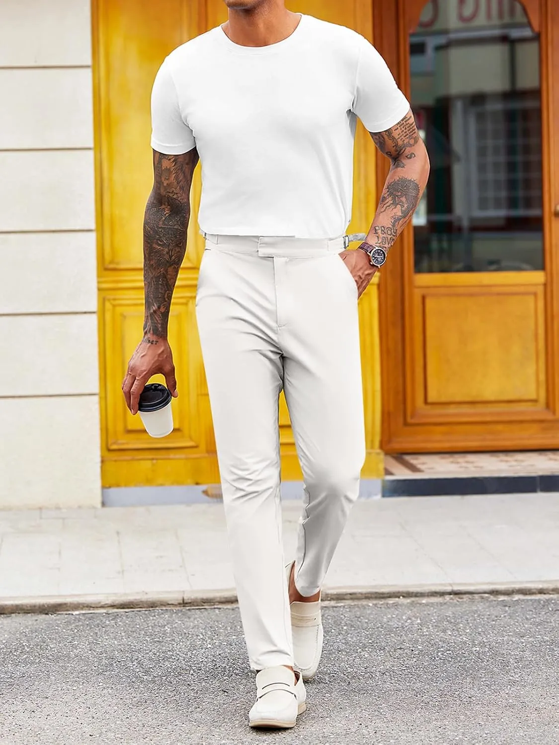 PASLTER Mens Chinos Pants Slim Fit Stretch Flat-Front Skinny Dress Suit Pants Cotton Slacks