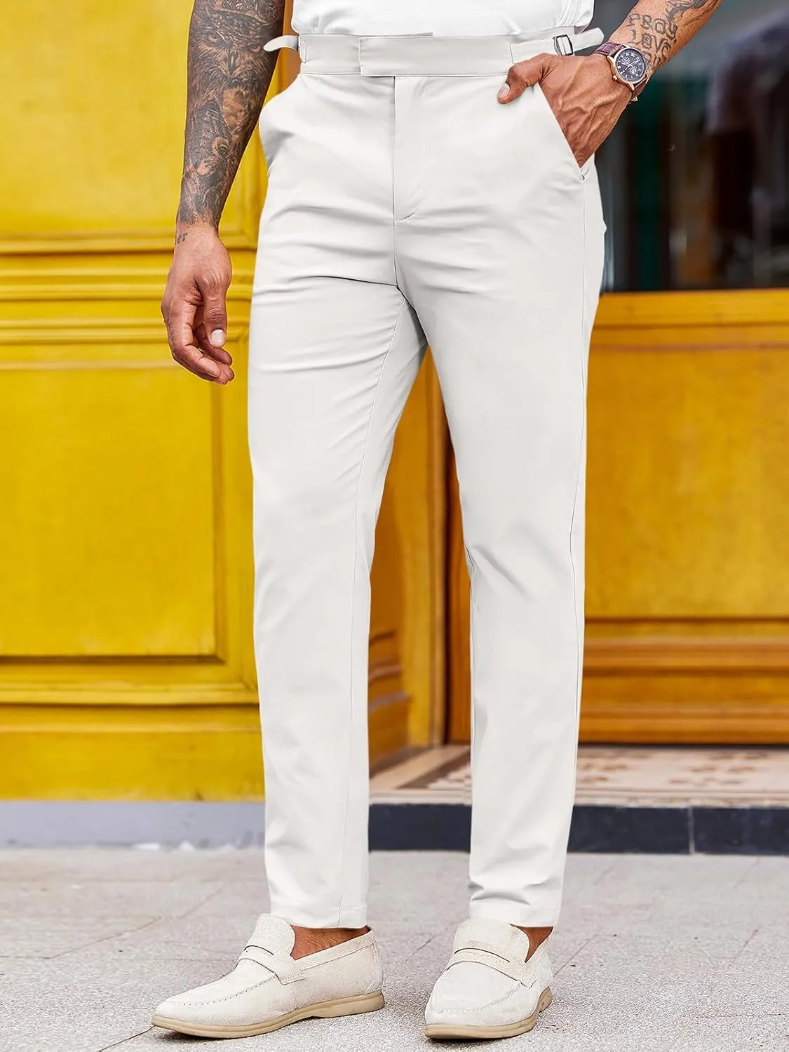 PASLTER Mens Chinos Pants Slim Fit Stretch Flat-Front Skinny Dress Suit Pants Cotton Slacks