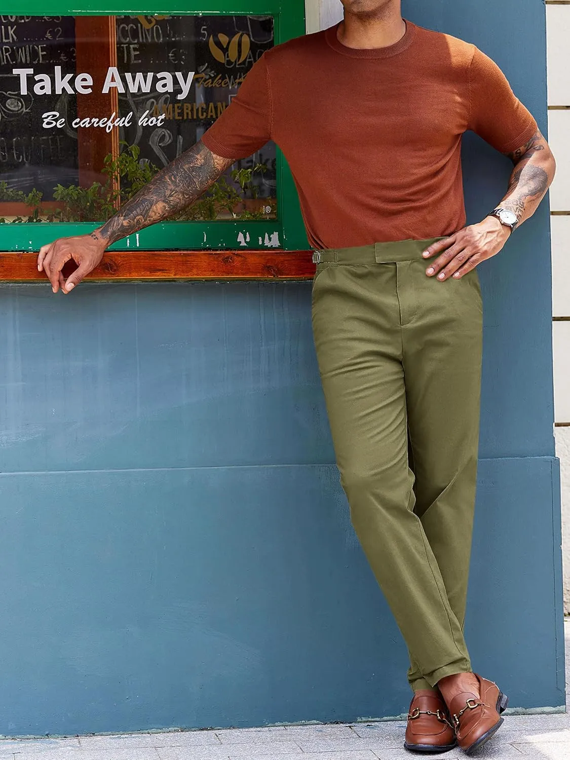 PASLTER Mens Chinos Pants Slim Fit Stretch Flat-Front Skinny Dress Suit Pants Cotton Slacks
