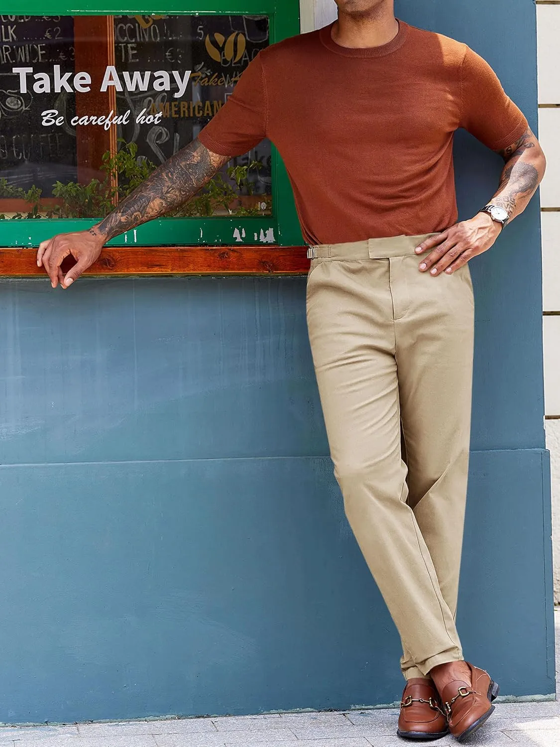 PASLTER Mens Chinos Pants Slim Fit Stretch Flat-Front Skinny Dress Suit Pants Cotton Slacks