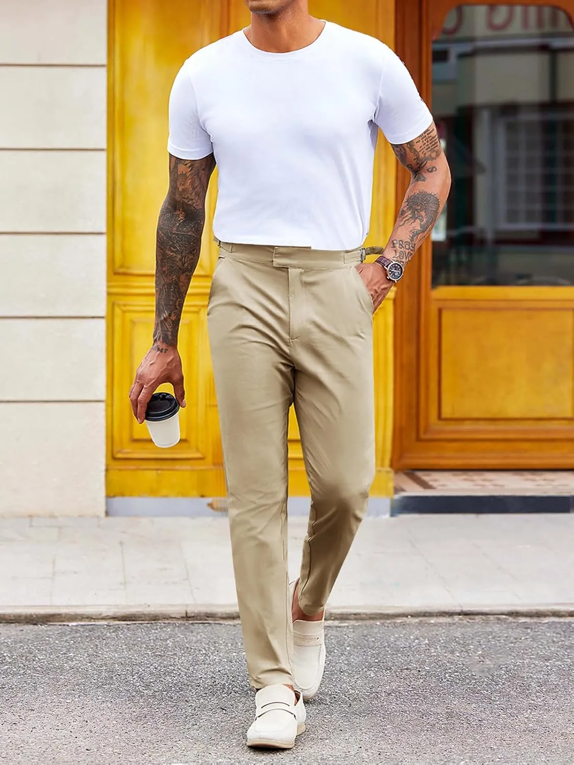 PASLTER Mens Chinos Pants Slim Fit Stretch Flat-Front Skinny Dress Suit Pants Cotton Slacks