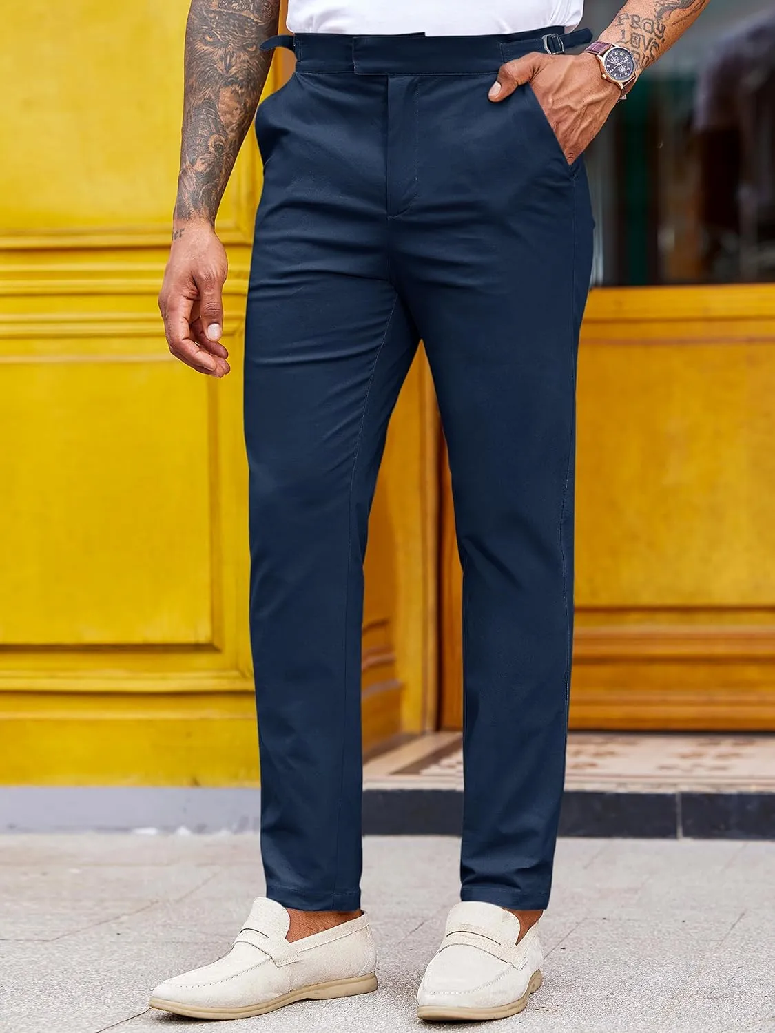 PASLTER Mens Chinos Pants Slim Fit Stretch Flat-Front Skinny Dress Suit Pants Cotton Slacks