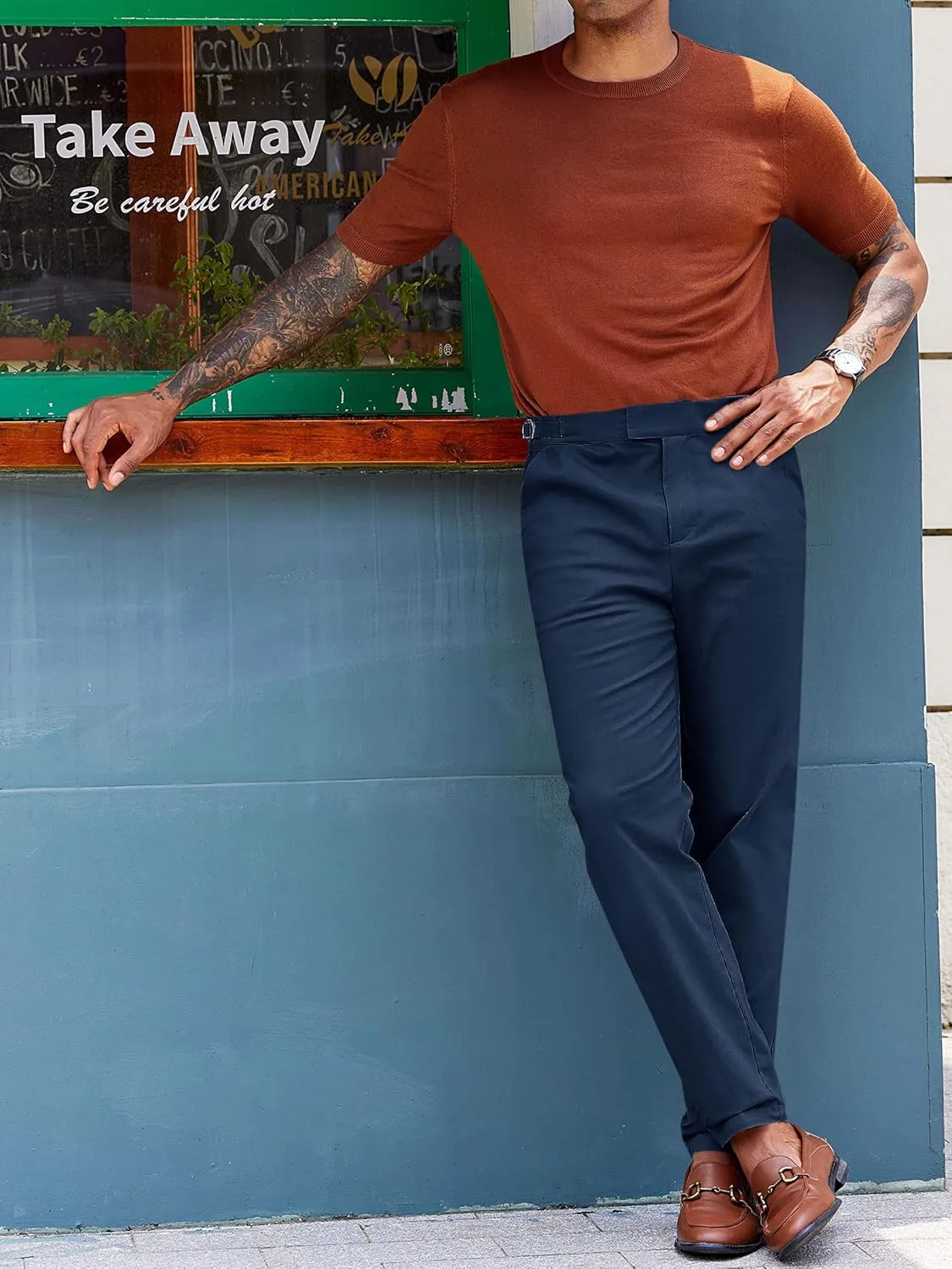 PASLTER Mens Chinos Pants Slim Fit Stretch Flat-Front Skinny Dress Suit Pants Cotton Slacks
