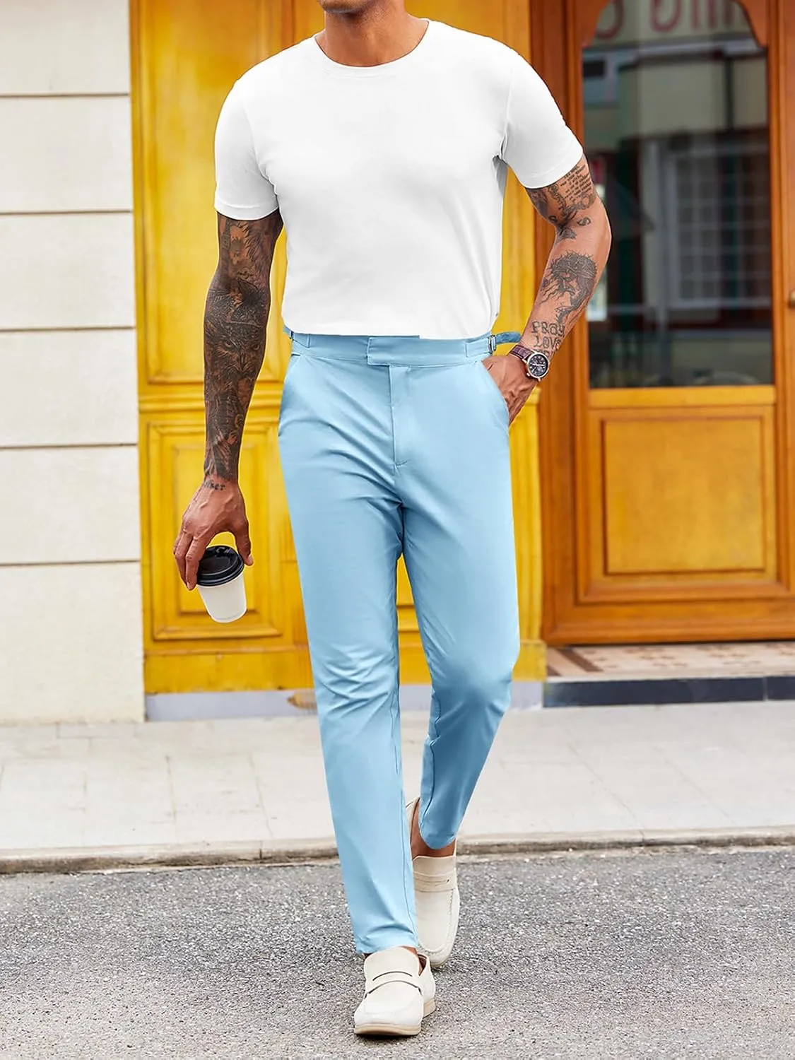 PASLTER Mens Chinos Pants Slim Fit Stretch Flat-Front Skinny Dress Suit Pants Cotton Slacks